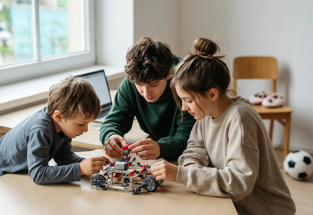 Tre nxënës ndërtojnë një robot të vogël mbi tavolinë, me një top futbolli dhe këpucë baleti në sfond.